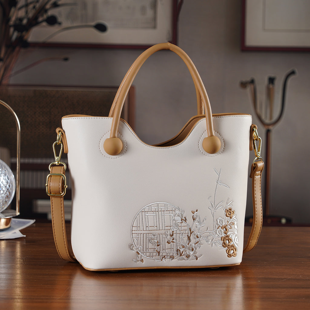 Designer Inspired Tote Handbag with Shoulder Strap - Brown & White_8439188_1