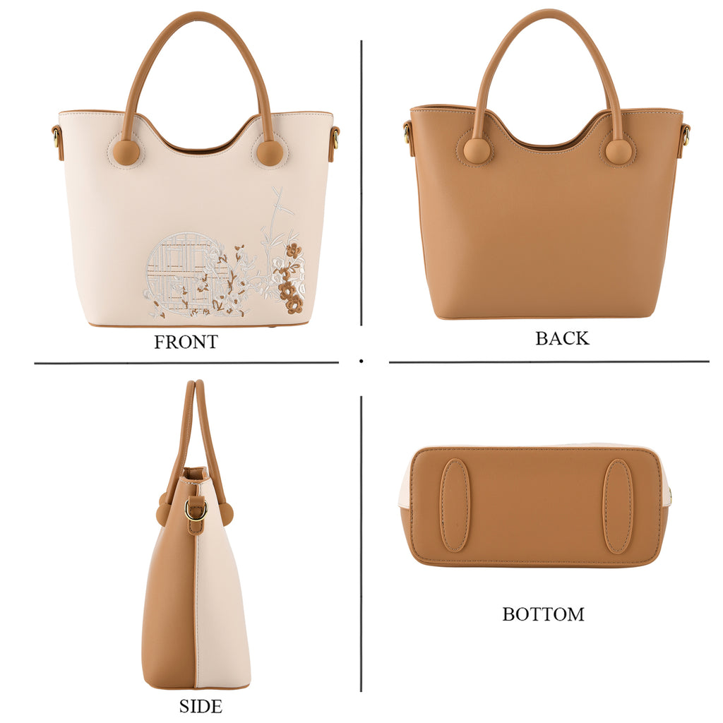 Designer Inspired Tote Handbag with Shoulder Strap - Brown & White_8439188_4