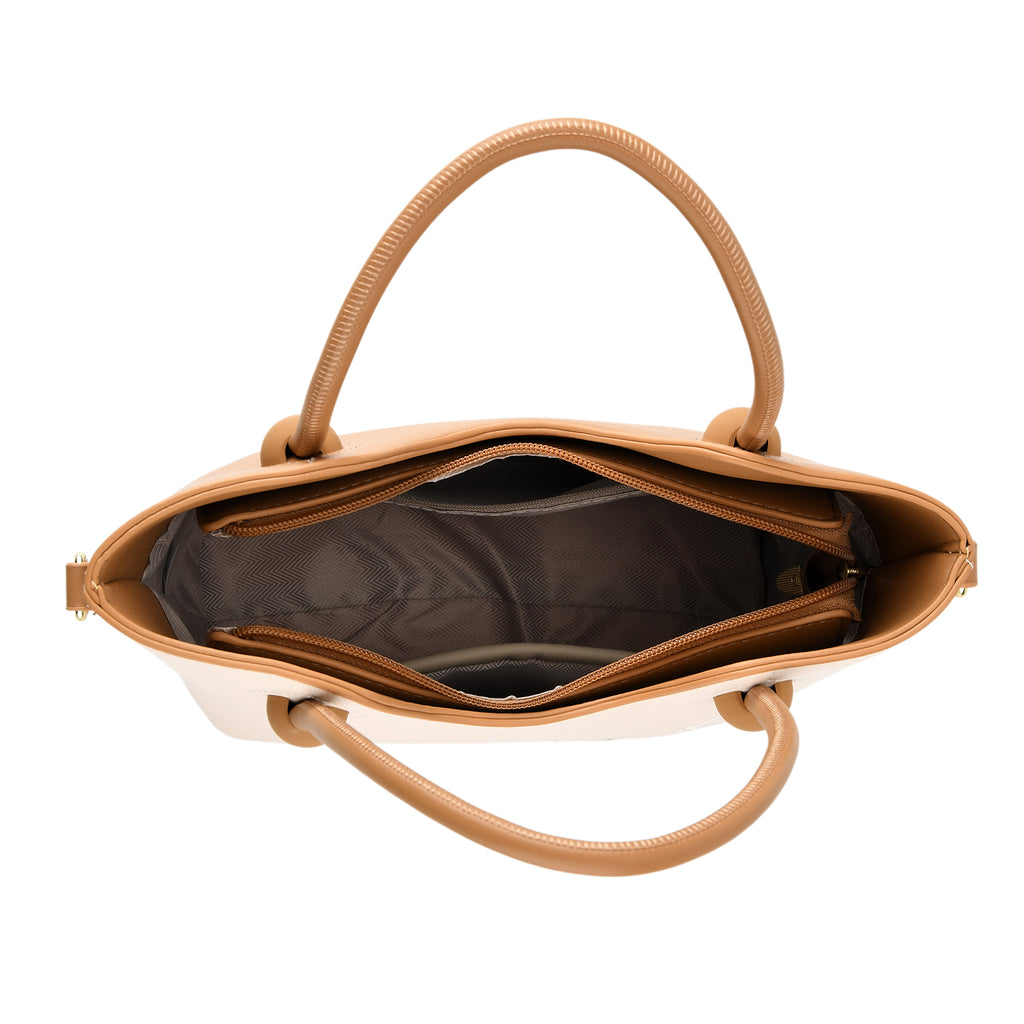 Designer Inspired Tote Handbag with Shoulder Strap - Brown & White_8439188_5