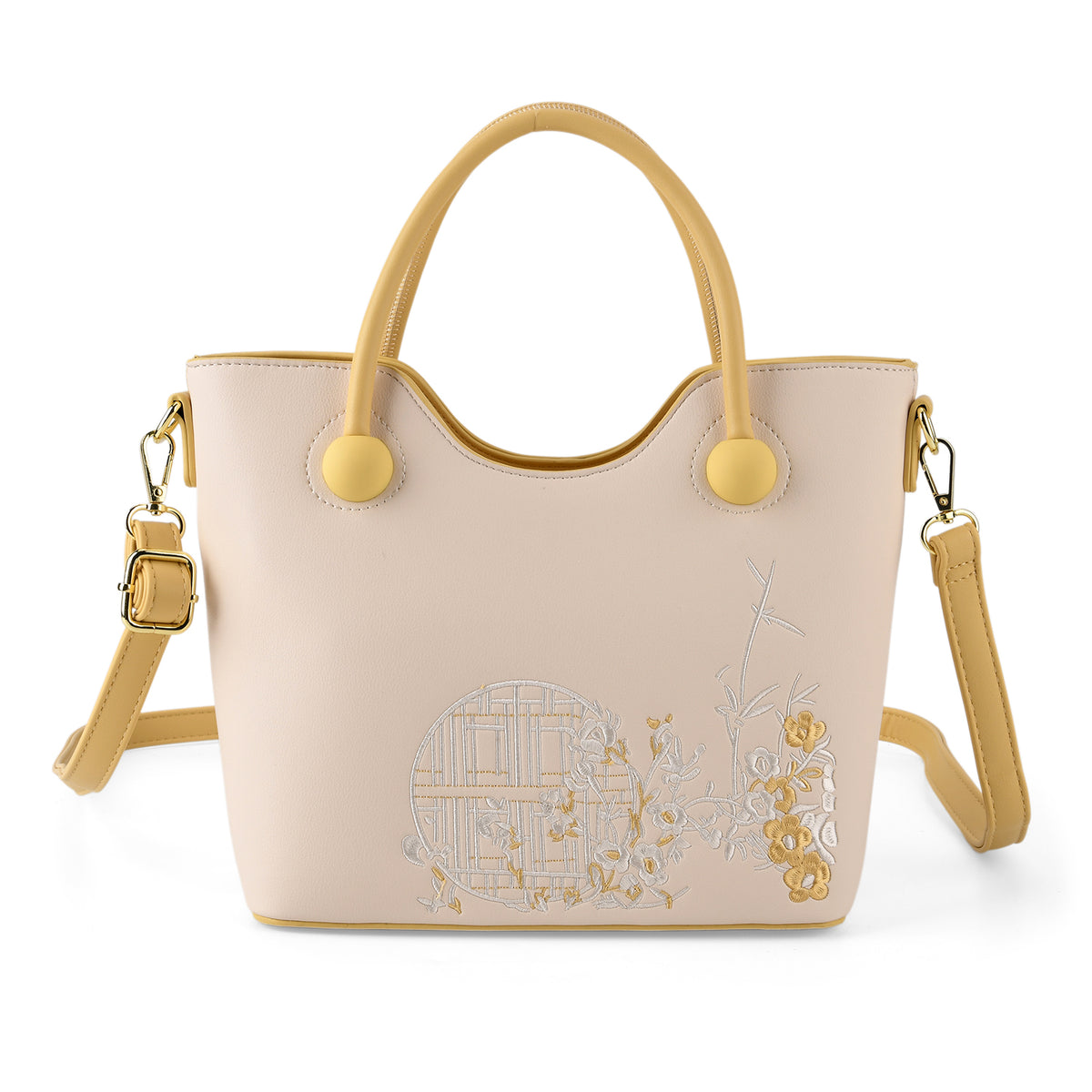 Designer Inspired Tote Handbag with Shoulder Strap - Yellow &amp; White V32518388 0
