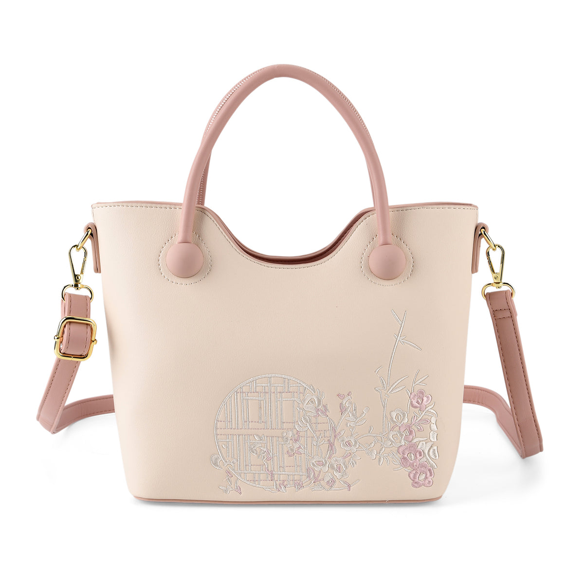 Designer Inspired Tote Handbag with Shoulder Strap - Pink &amp; Off White V32518734 0
