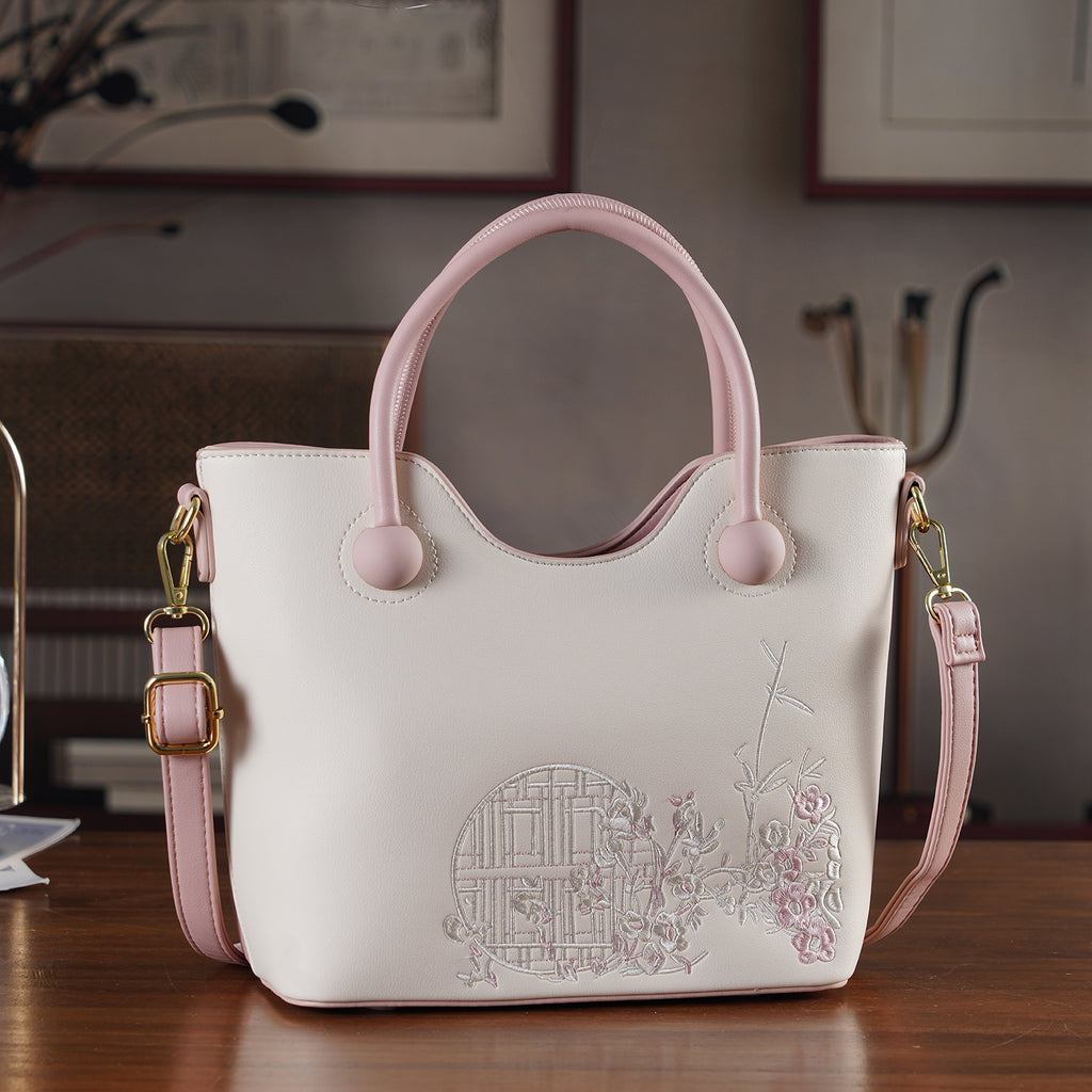 Designer Inspired Tote Handbag with Shoulder Strap - Pink & Off White_8439265_1