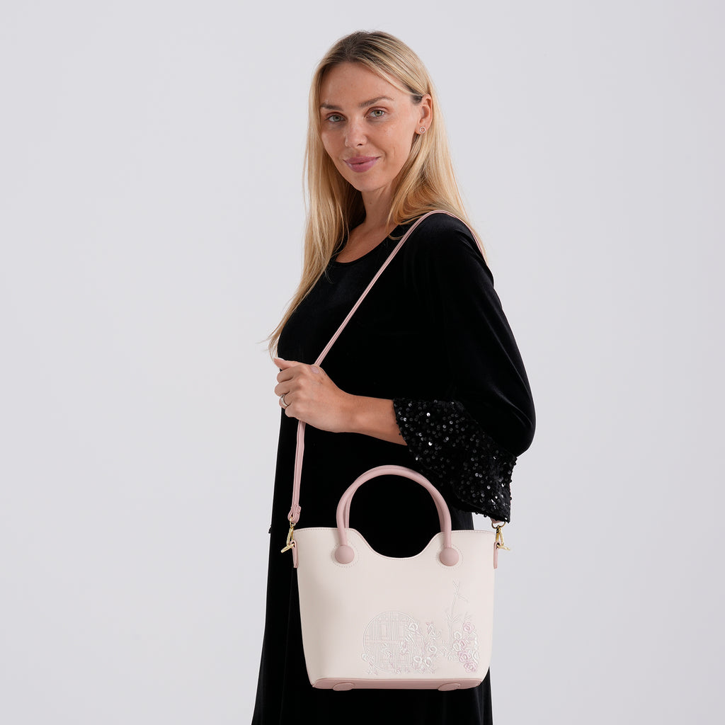 Designer Inspired Tote Handbag with Shoulder Strap - Pink & Off White_8439265_2