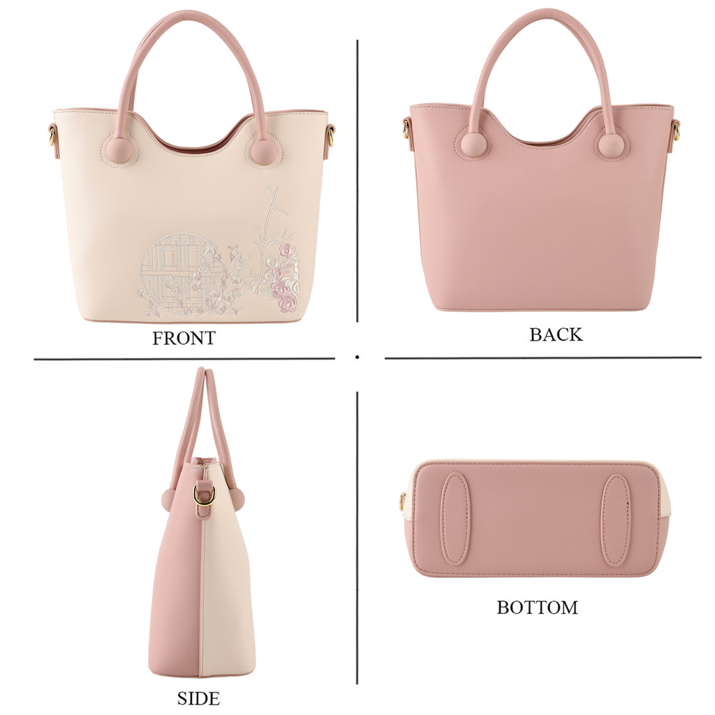 Designer Inspired Tote Handbag with Shoulder Strap - Pink & Off White_8439265_4