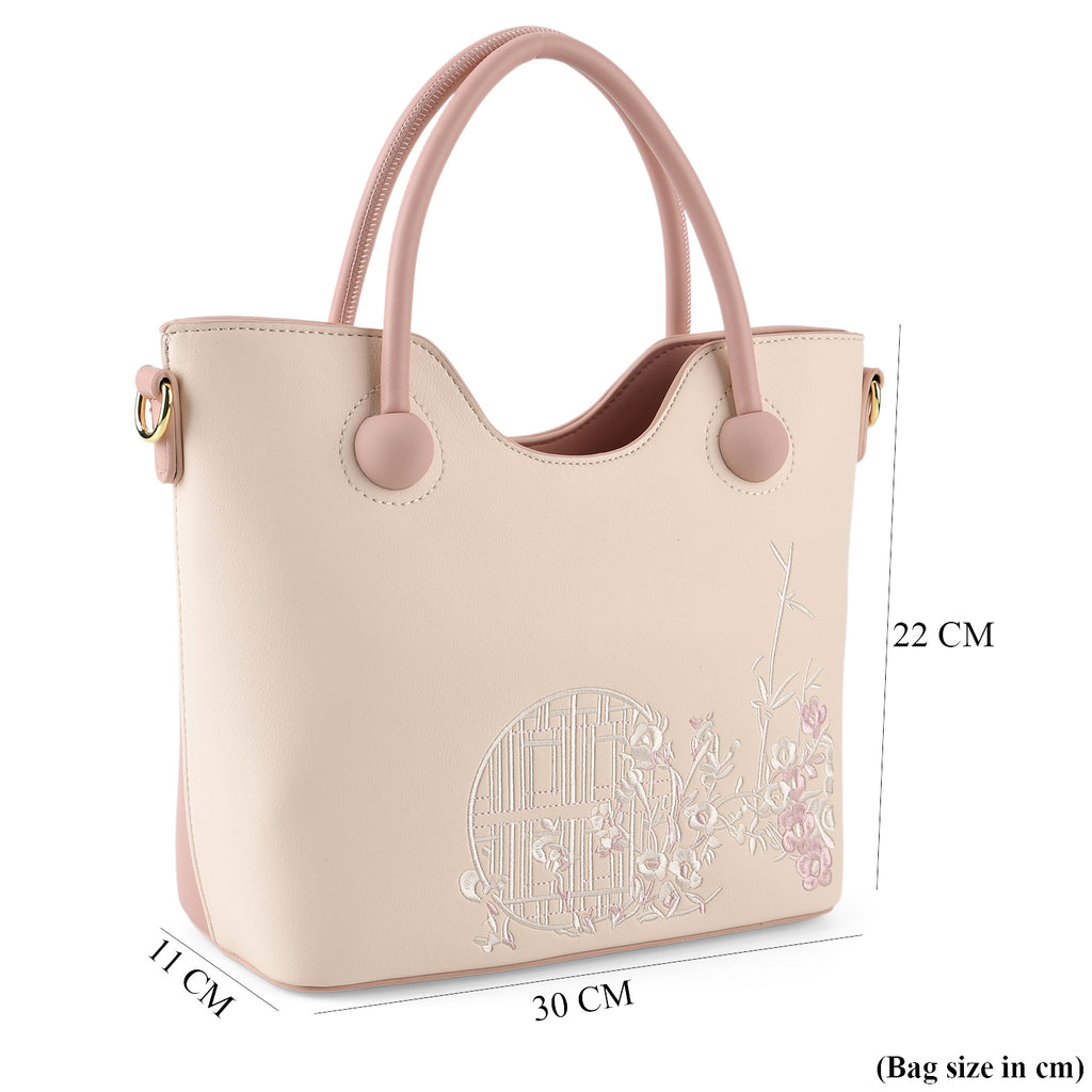 Designer Inspired Tote Handbag with Shoulder Strap - Pink & Off White_8439265_7