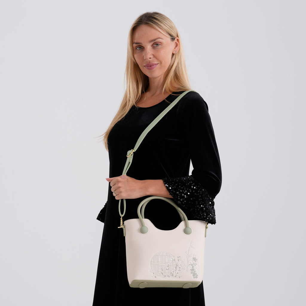 Designer Inspired Tote Handbag with Shoulder Strap - Green & White_8439266_2