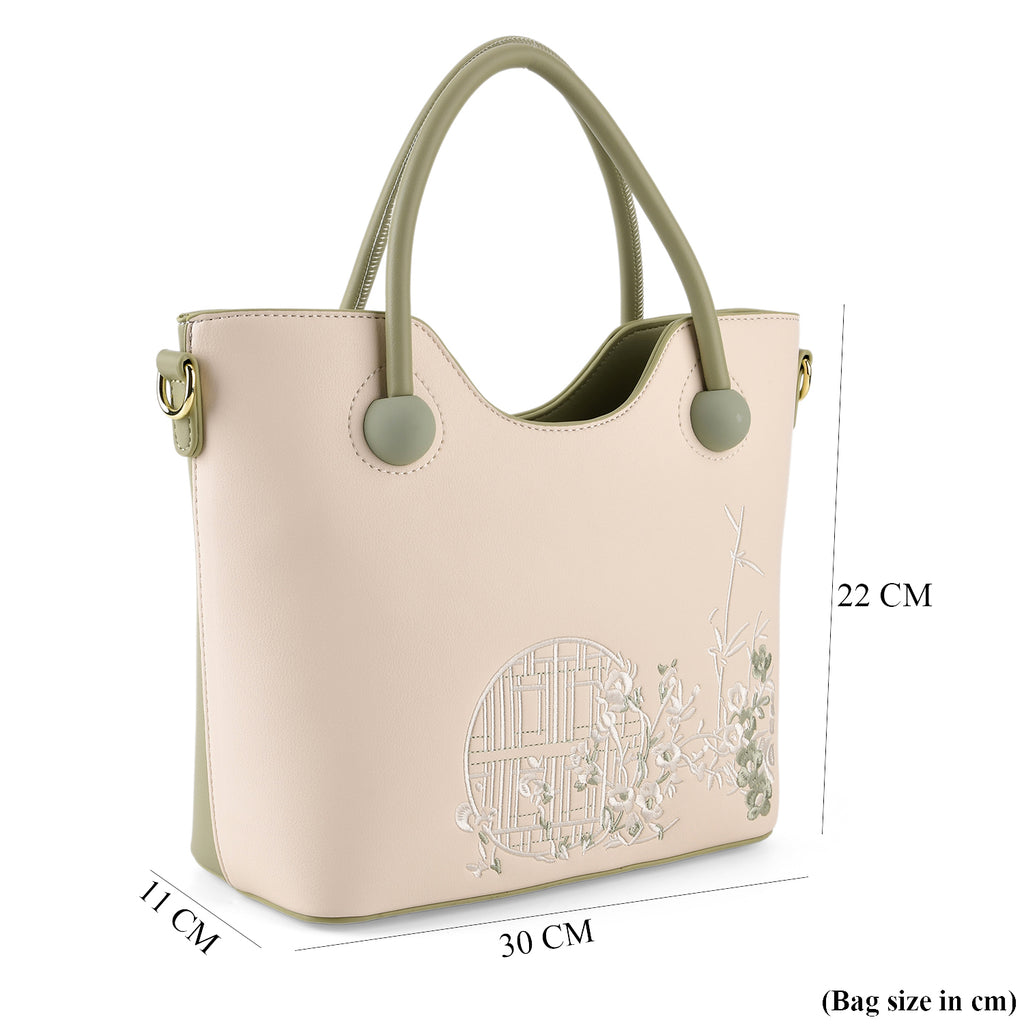 Designer Inspired Tote Handbag with Shoulder Strap - Green & White_8439266_7