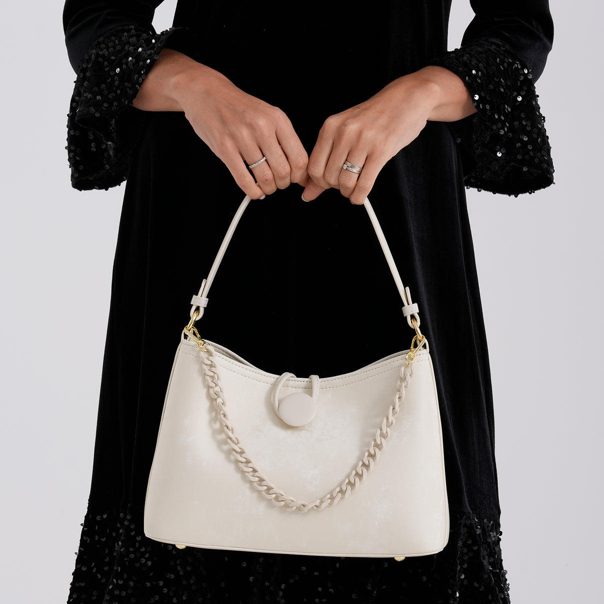 Designer Inspired- Set of 2 Shoulder Handbags with Crossbody Strap - Cream V32518394 4