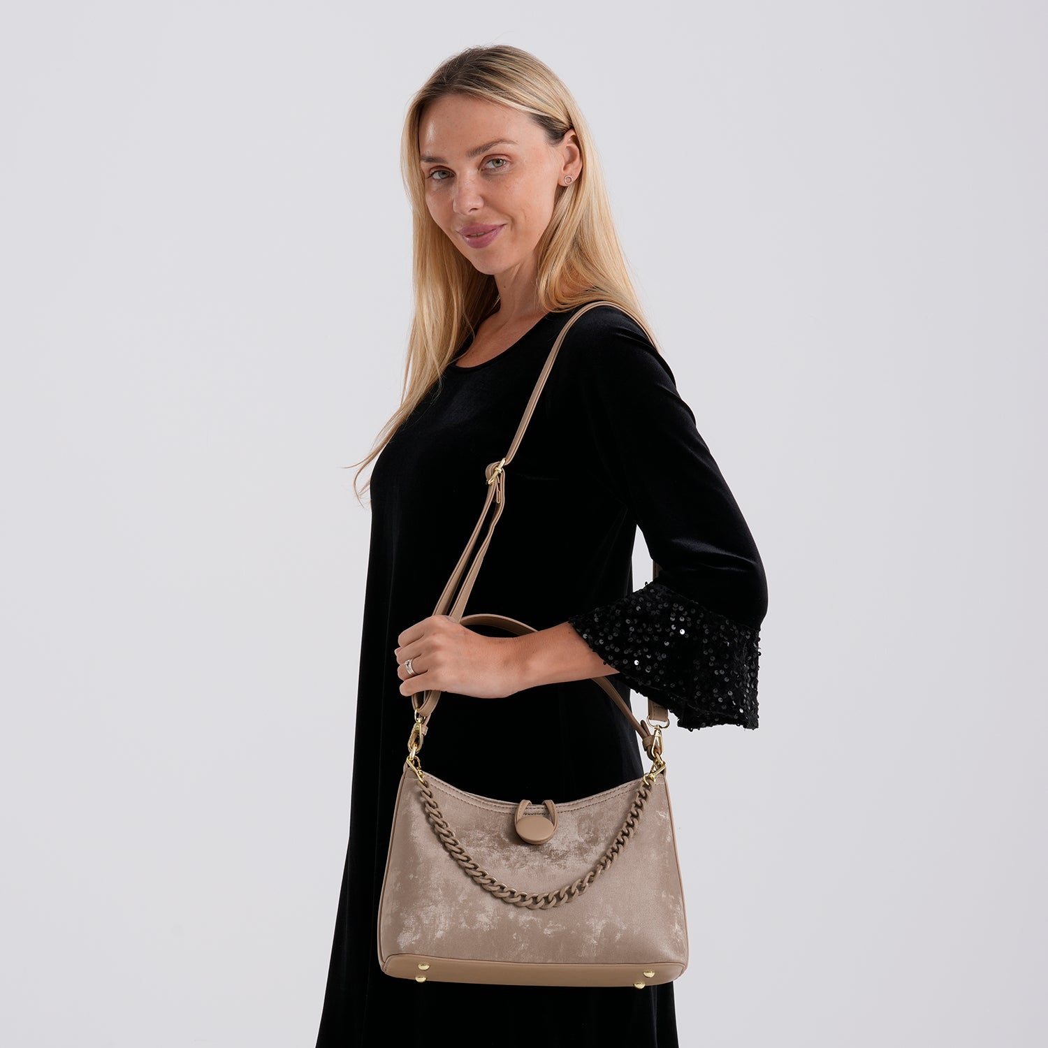Designer Inspired- Set of 2 Shoulder Handbags with Crossbody Strap - Tan V32520458 3