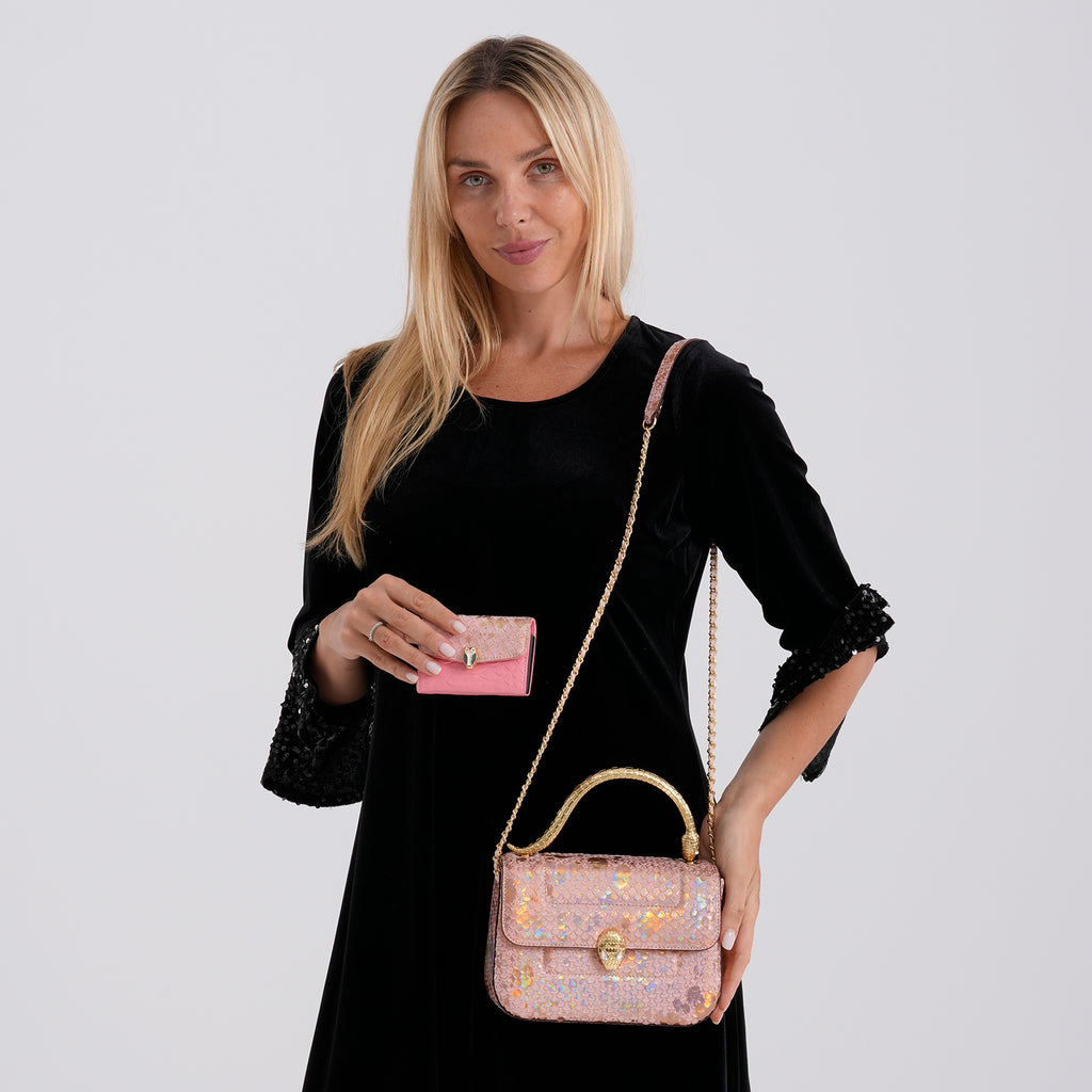 LA MAREY SIGNATURE 100% Premium Leather Handbag with Detachable Sling Strap & Card Holder - Pink_8439312_2