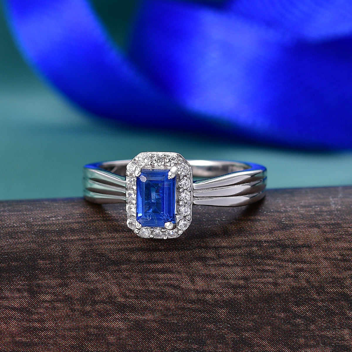 D'Joy AAA Kyanite, White Zircon Halo Ring in Platinum Overlay Sterling Silver 0.95 Ct. V32519747 3