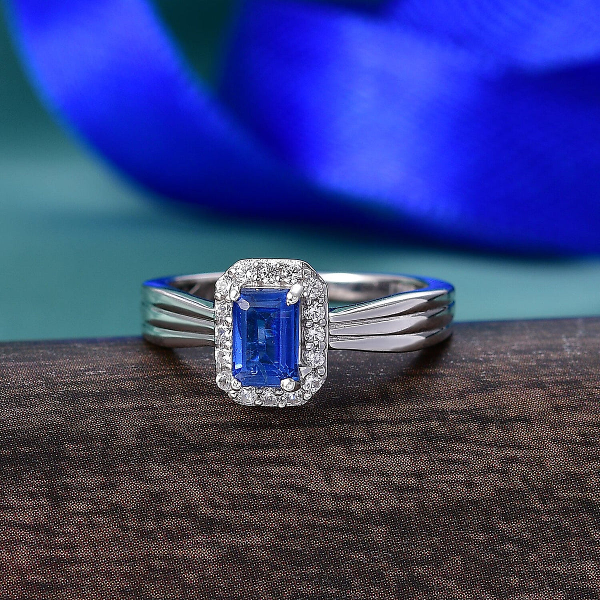 D'Joy AAA Kyanite, White Zircon Halo Ring in Platinum Overlay Sterling Silver 0.95 Ct. V32528292 3