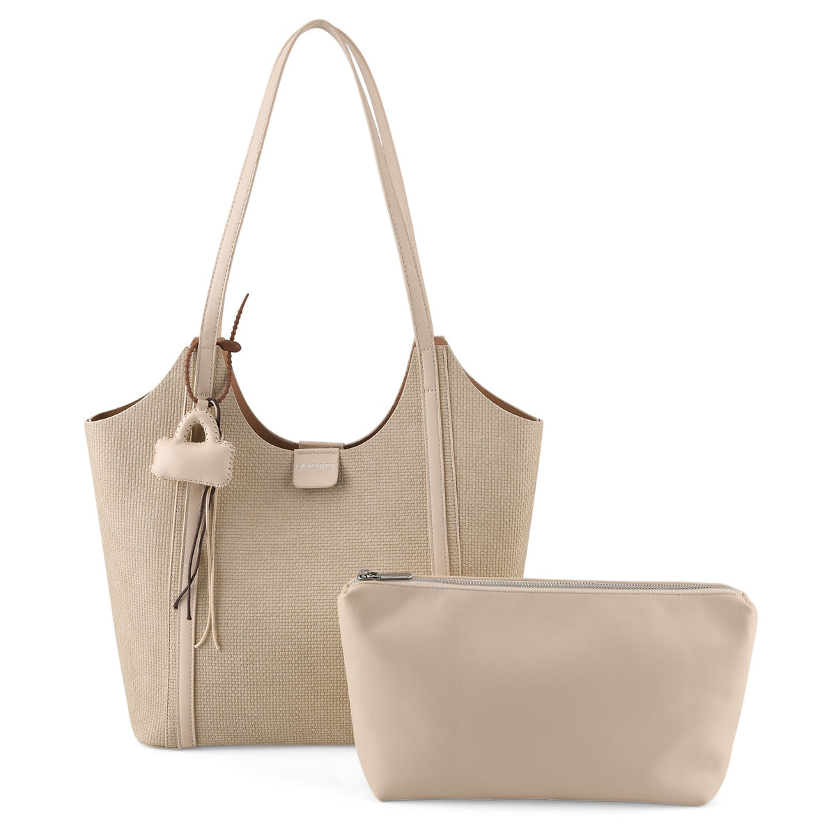 La Marey Designer Inspired Sculptured Handle Tote With Inside Pouch - Beige V32538901 0