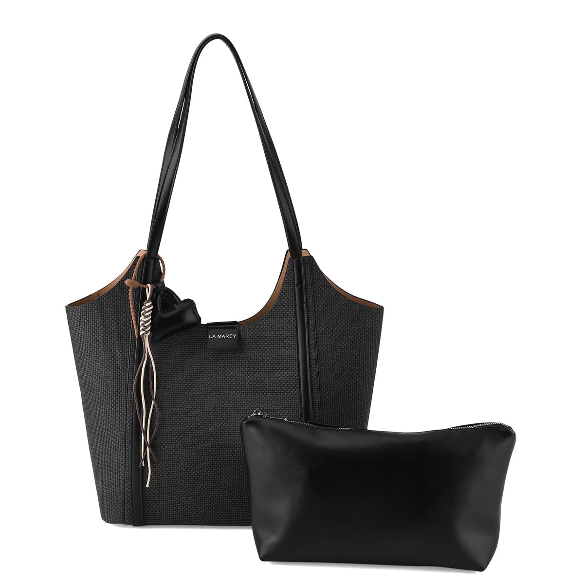 La Marey Designer Inspired Sculptured Handle Tote With Inside Pouch - Black V32539594 0