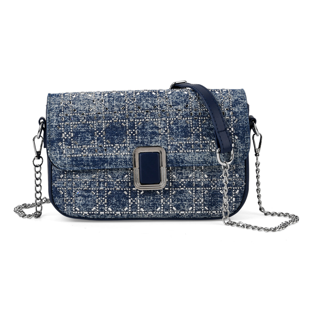 LA MAREY Designer Sling Handbag with Elegant Silver-Tone Chain Strap - Denim Blue V32533430 0
