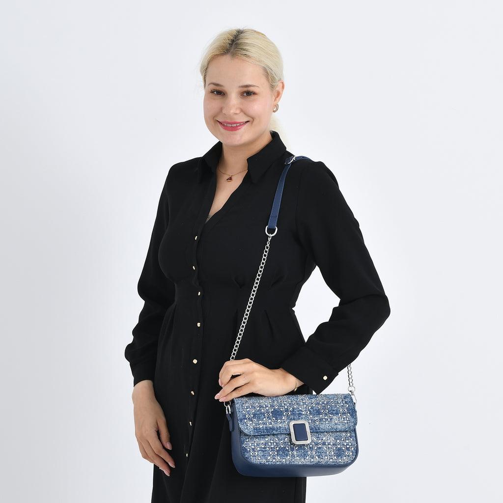 LA MAREY Designer Sling Handbag with Elegant Silver-Tone Chain Strap - Denim Blue_8446810_2