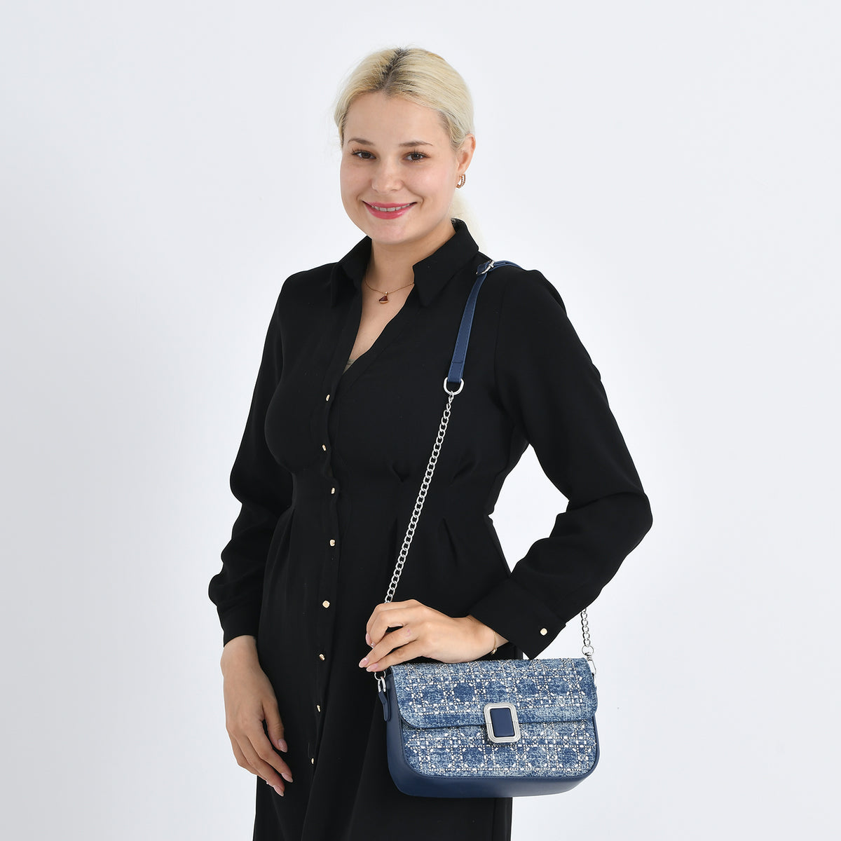 LA MAREY Designer Sling Handbag with Elegant Silver-Tone Chain Strap - Denim Blue V32533430 3