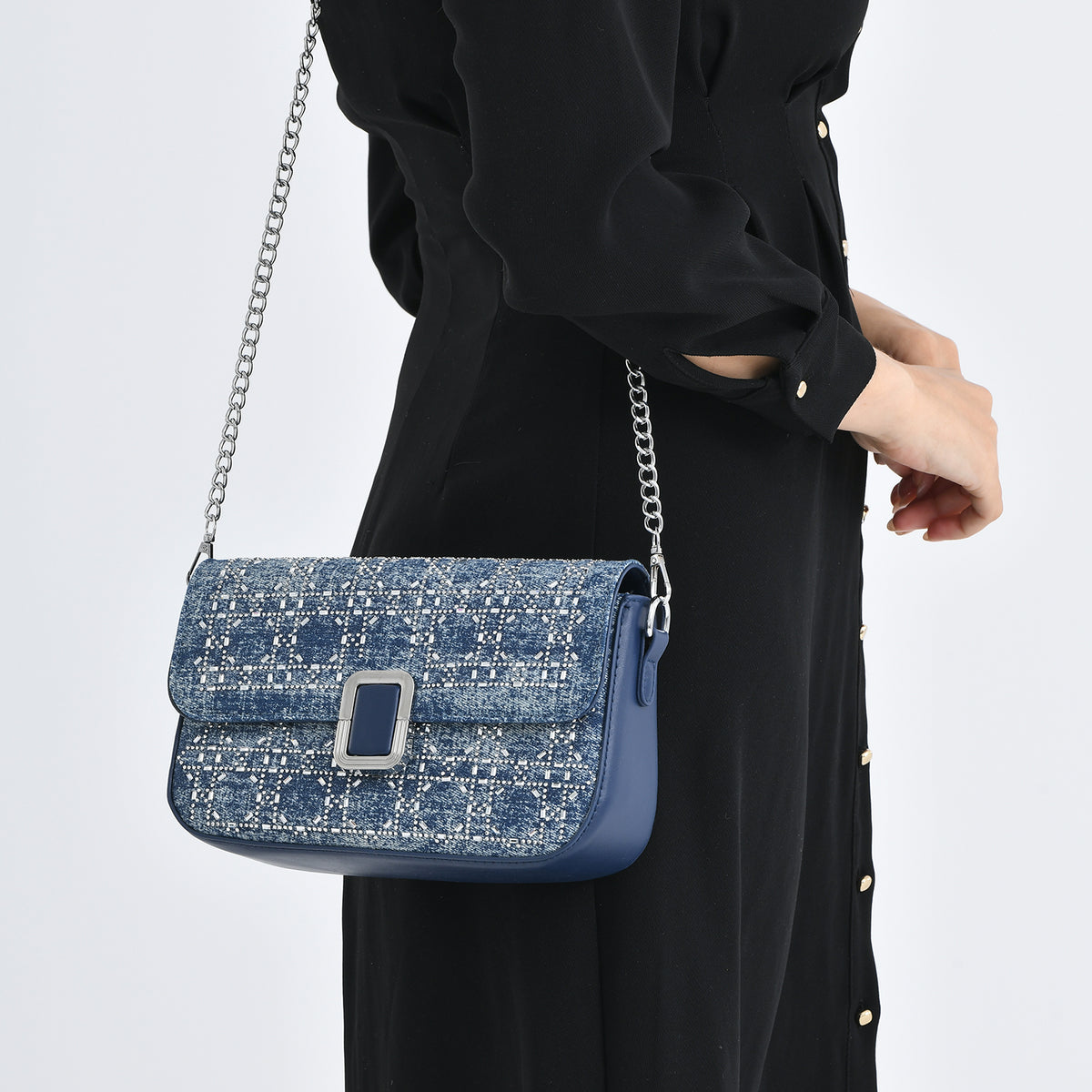 LA MAREY Designer Sling Handbag with Elegant Silver-Tone Chain Strap - Denim Blue V32533430 4