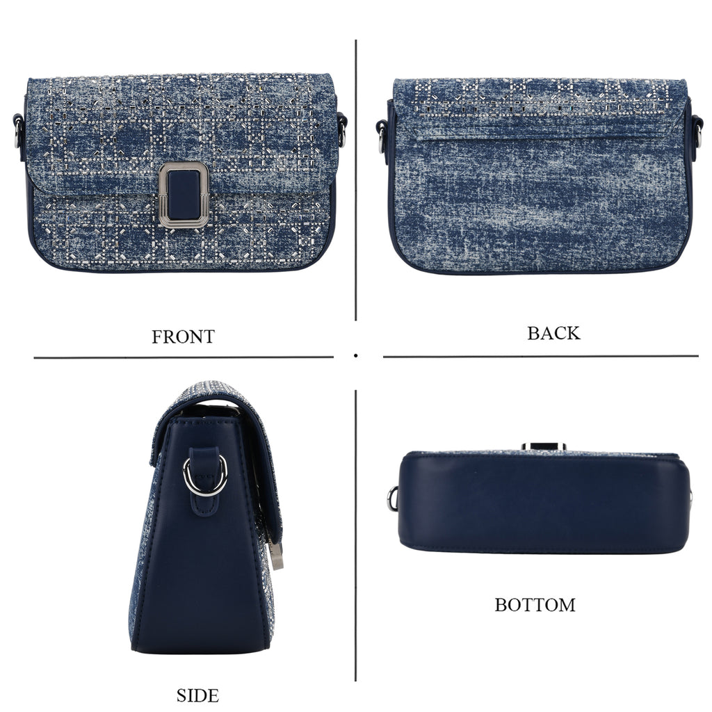 LA MAREY Designer Sling Handbag with Elegant Silver-Tone Chain Strap - Denim Blue_8446810_4