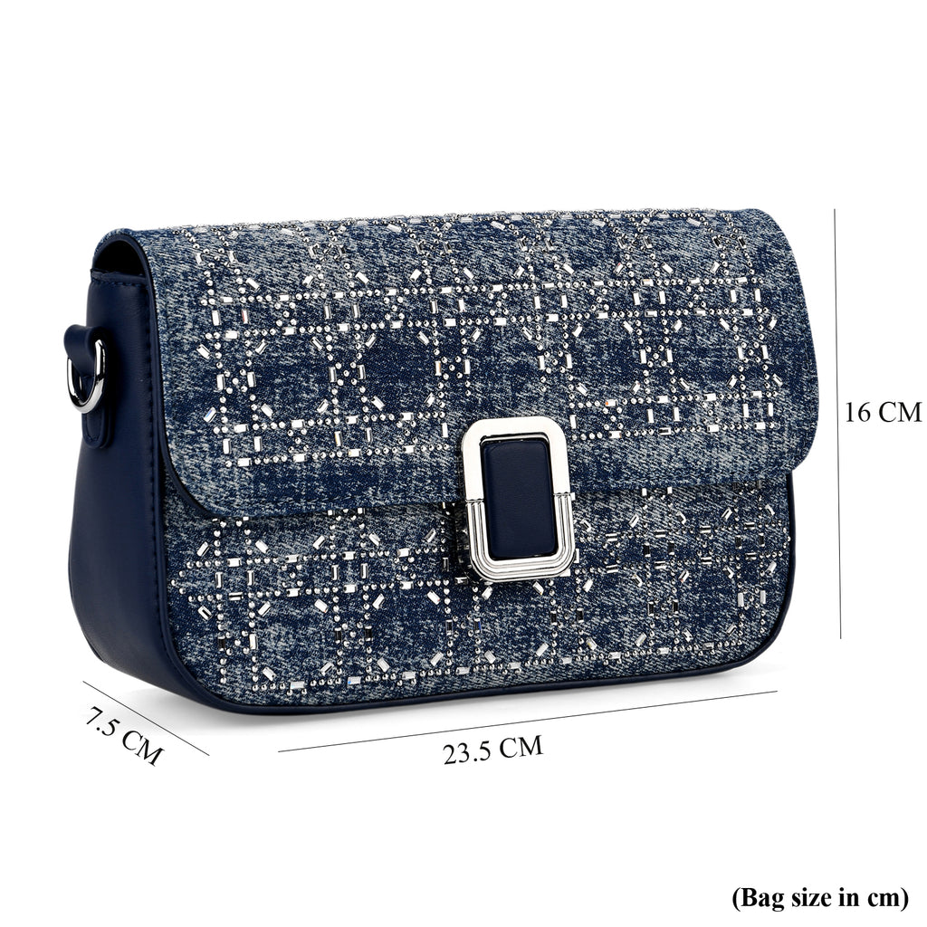 LA MAREY Designer Sling Handbag with Elegant Silver-Tone Chain Strap - Denim Blue_8446810_6