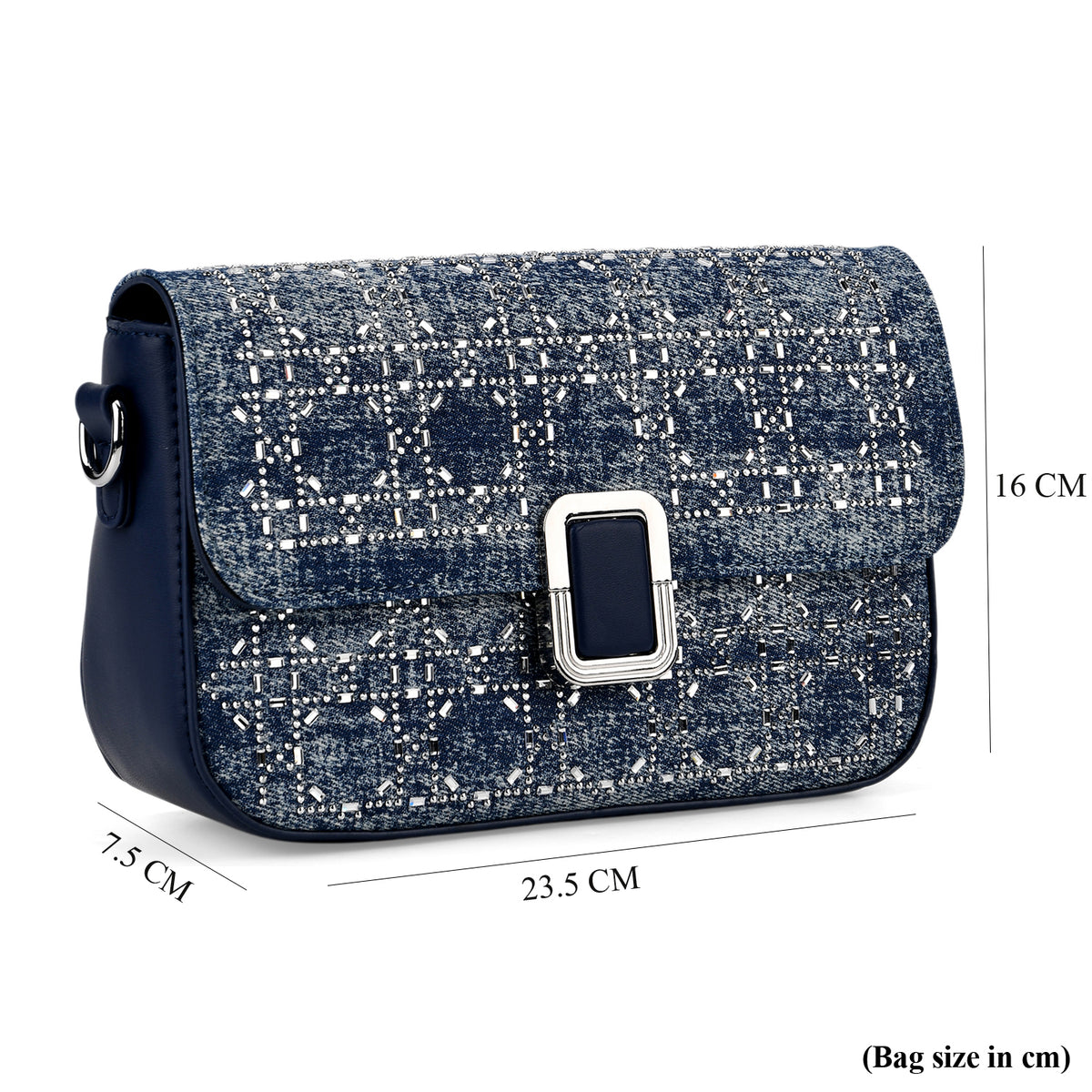 LA MAREY Designer Sling Handbag with Elegant Silver-Tone Chain Strap - Denim Blue V32533430 7