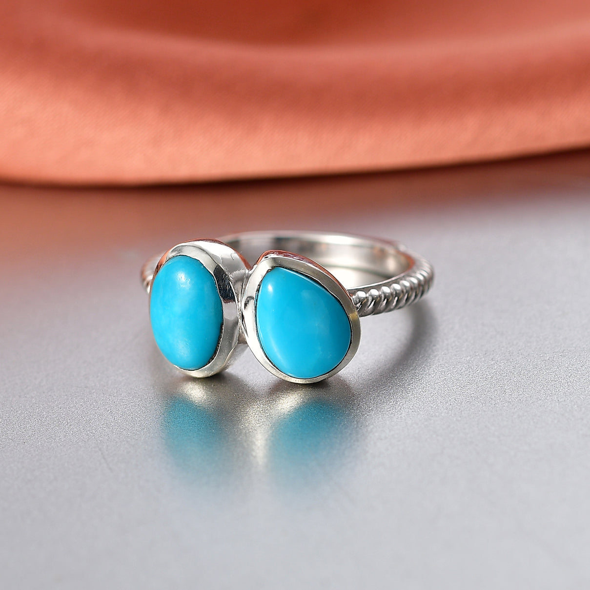 D'Joy Sleeping Beauty Turquoise Toi ET Moi Ring in Rhodium Overlay Sterling Silver 2.58 Ct. 8447259 3