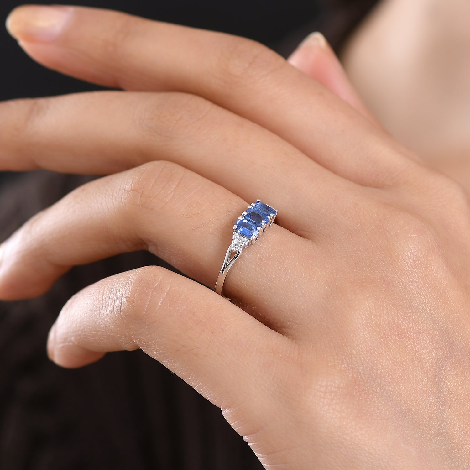 D'Joy AAA Kyanite, White Zircon Trilogy Ring in Platinum Overlay Sterling Silver 1.10 Ct. V32513892 2