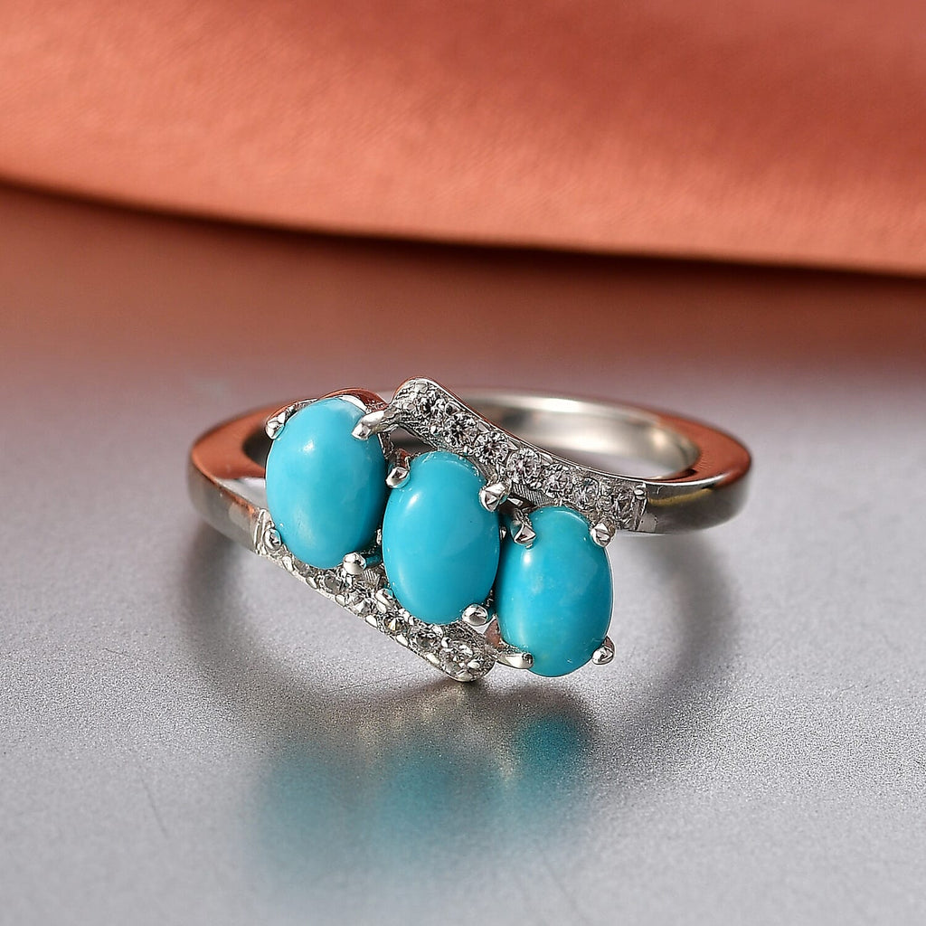 D'Joy Sleeping Beauty Turquoise & White Zircon 3 Stone Bypass Ring in Platinum Overlay Sterling Silver 1.56 Ct._8447387_2