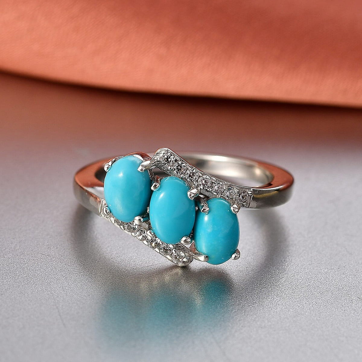 D'Joy Sleeping Beauty Turquoise, White Zircon 3-Stone Bypass Ring in Platinum Overlay Sterling Silver 1.56 Ct. V32581295 3