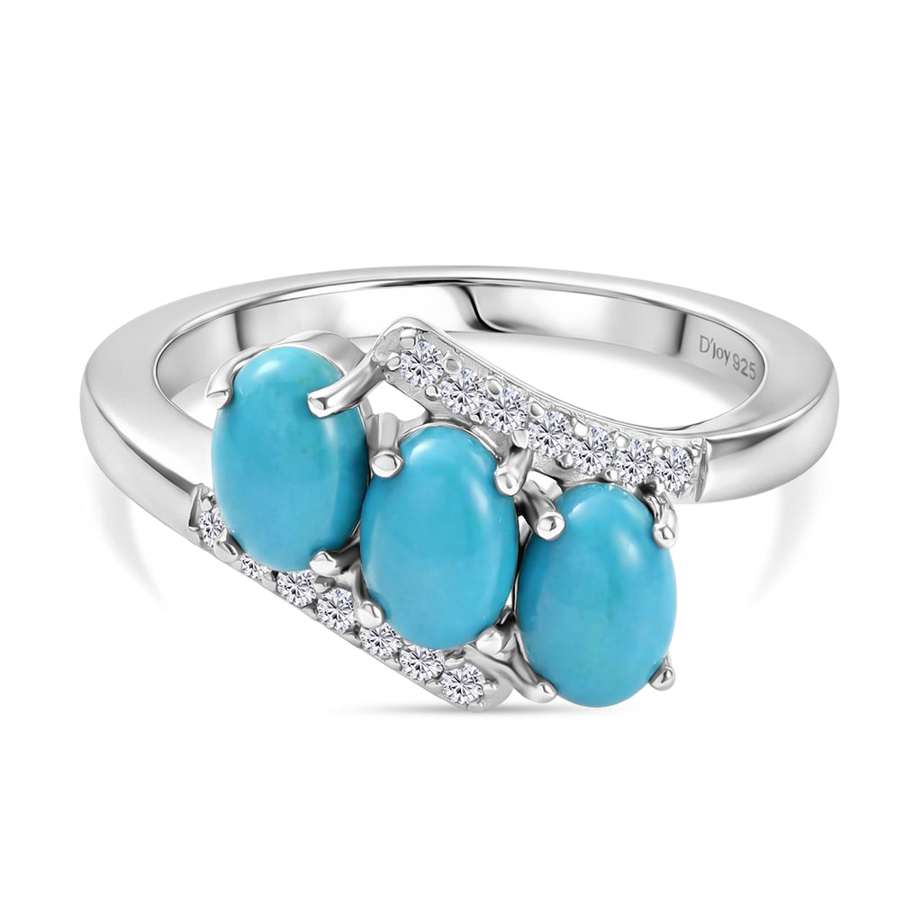 D'Joy Sleeping Beauty Turquoise & White Zircon 3 Stone Bypass Ring in Platinum Overlay Sterling Silver 1.56 Ct._8447399