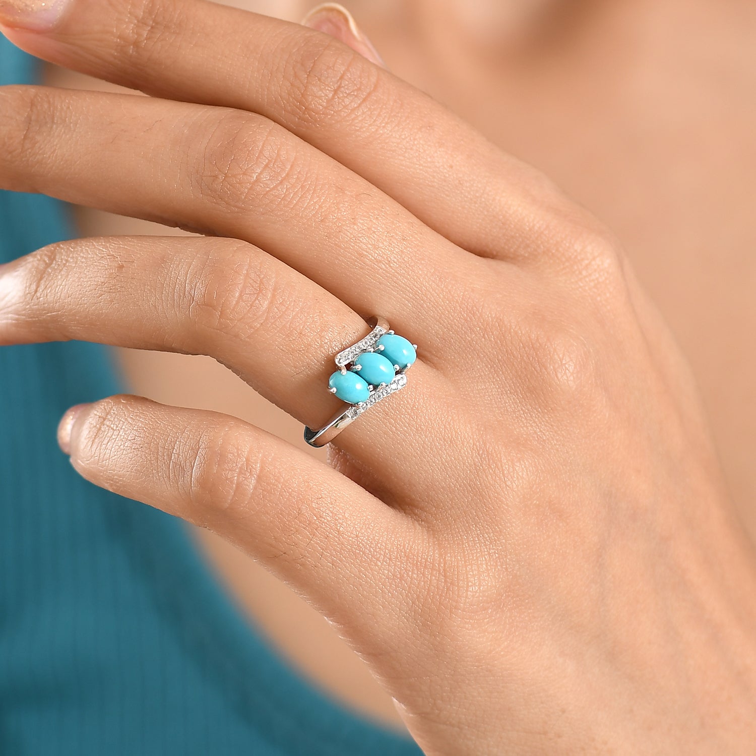D'Joy Sleeping Beauty Turquoise, White Zircon 3-Stone Bypass Ring in Platinum Overlay Sterling Silver 1.56 Ct. 8447399 2