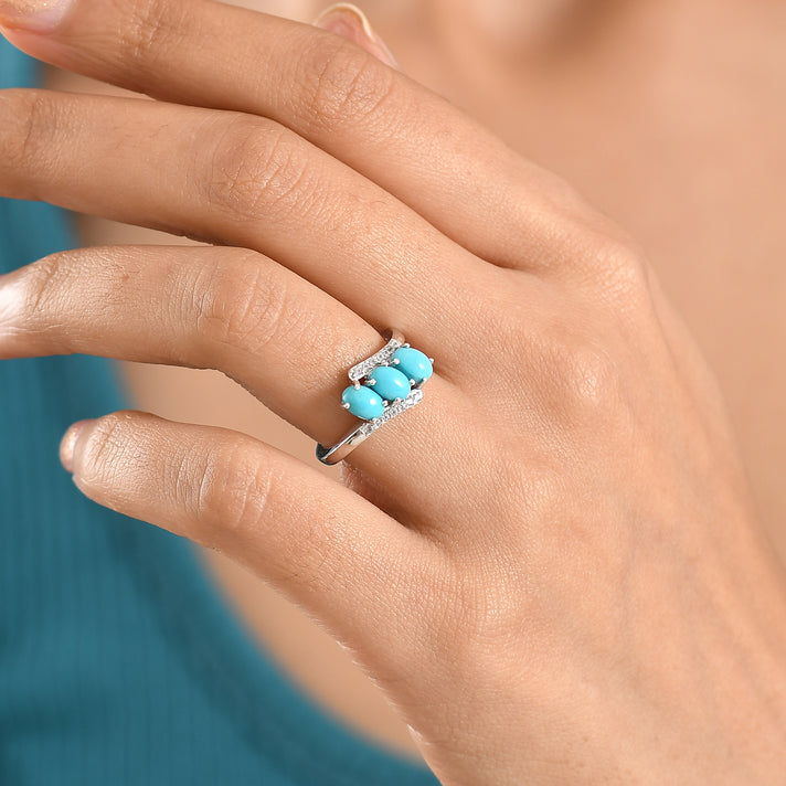 D'Joy Sleeping Beauty Turquoise, White Zircon 3-Stone Bypass Ring in Platinum Overlay Sterling Silver 1.56 Ct. 8447399 2
