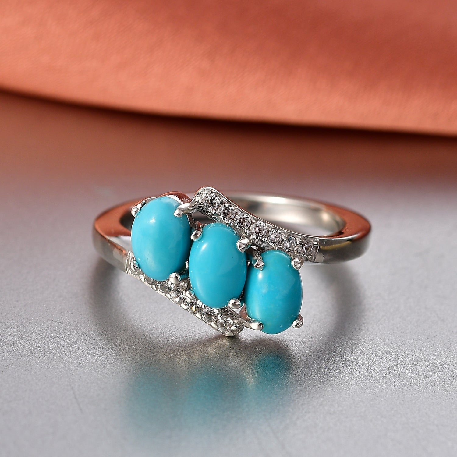 D'Joy Sleeping Beauty Turquoise, White Zircon 3-Stone Bypass Ring in Platinum Overlay Sterling Silver 1.56 Ct. 8447399 3