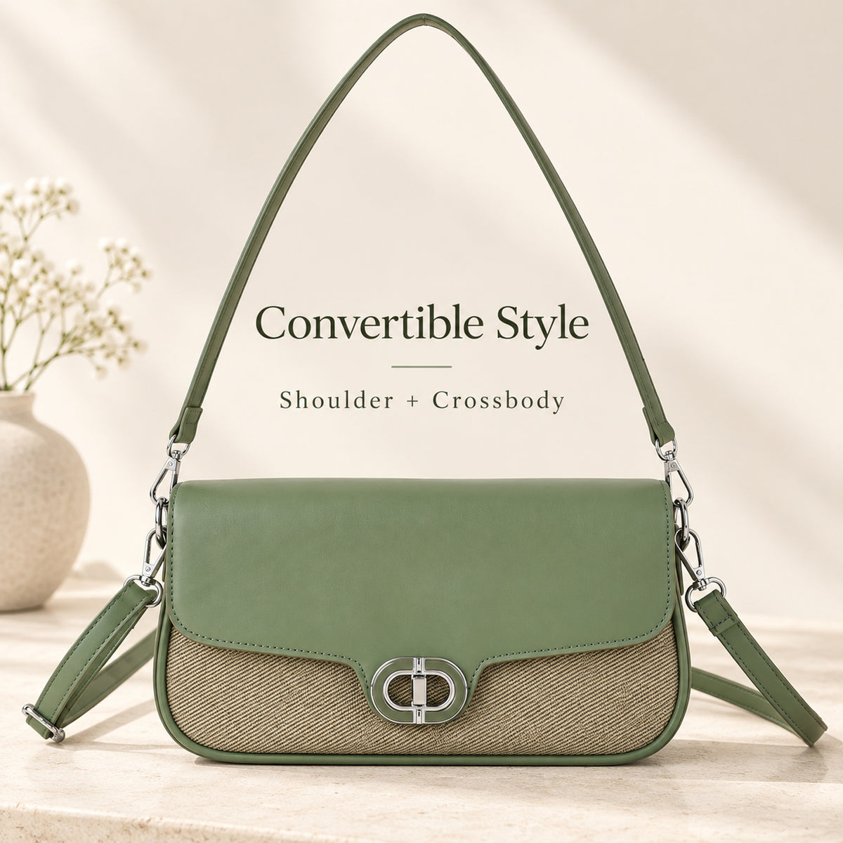 Designer Inspired - Convertible Dual-Strap Convertible Baguette Crossbody &amp; Shoulder Bag - Basil Green V32592820 2