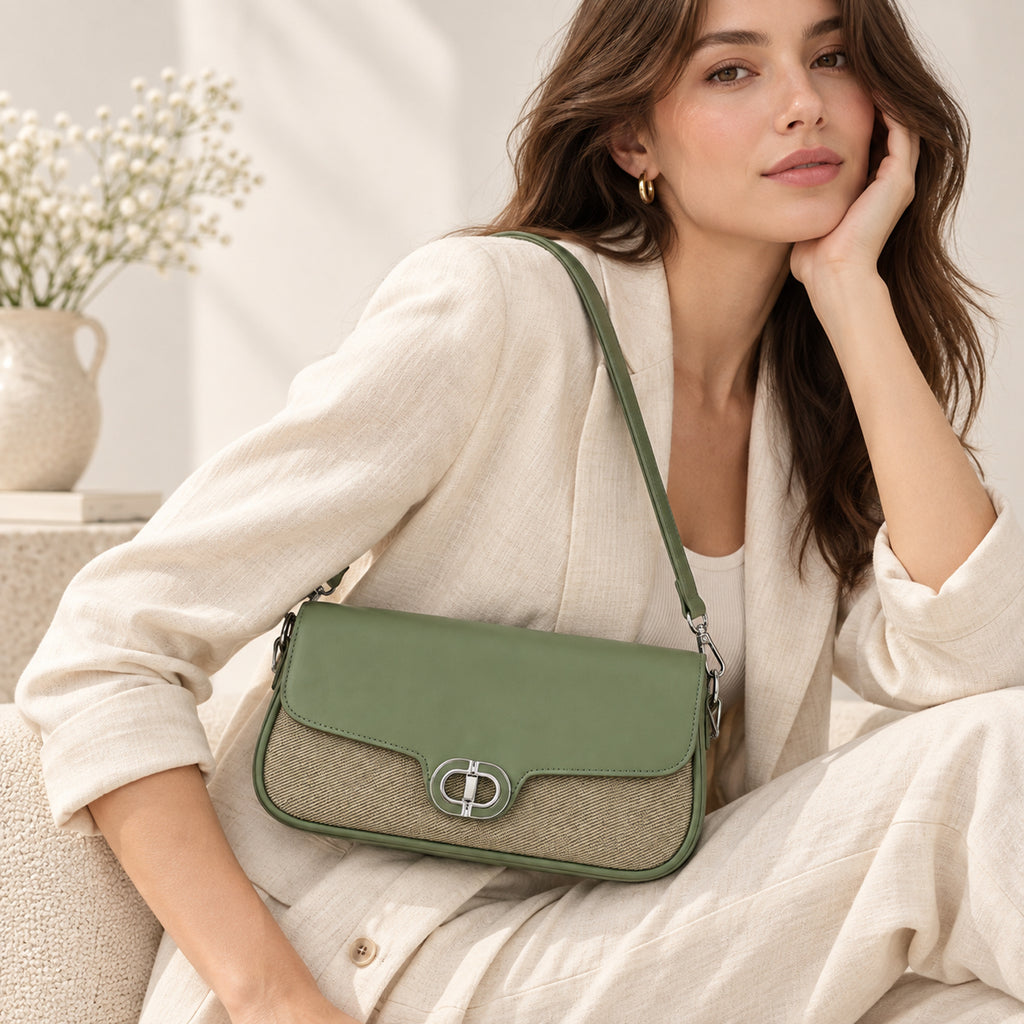 Designer Inspired - Convertible Dual-Strap Convertible Baguette Crossbody & Shoulder Bag - Basil Green_8447415_4
