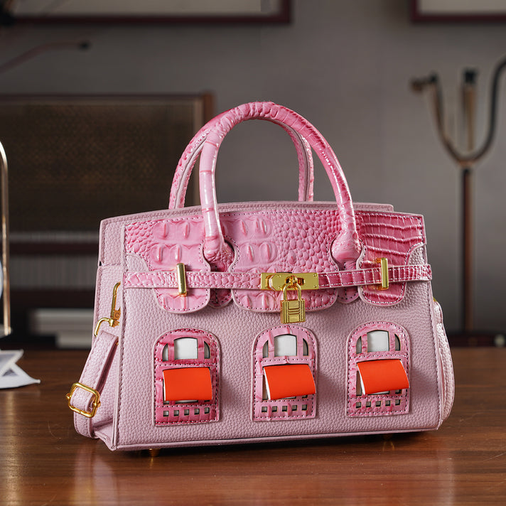 Designer-Inspired Structured Handbag with Crossbody Strap - Pink 8447540 2