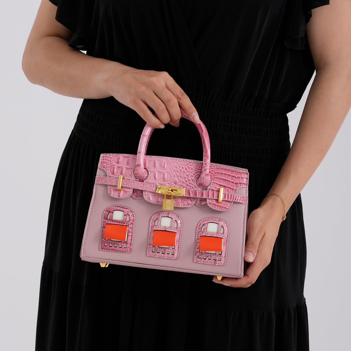 Designer-Inspired Structured Handbag with Crossbody Strap - Pink 8447540 4