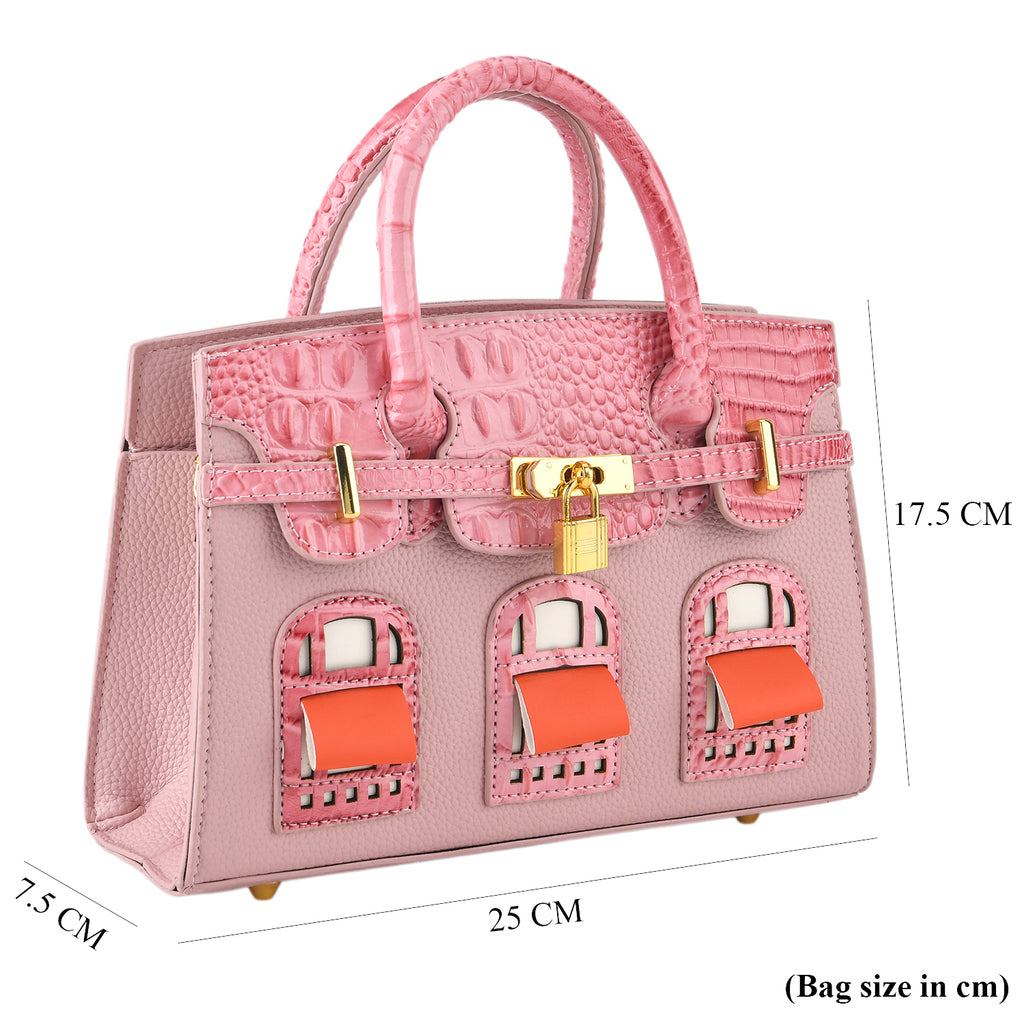 Designer-Inspired Structured Handbag with Crossbody Strap - Pink_8447540_7