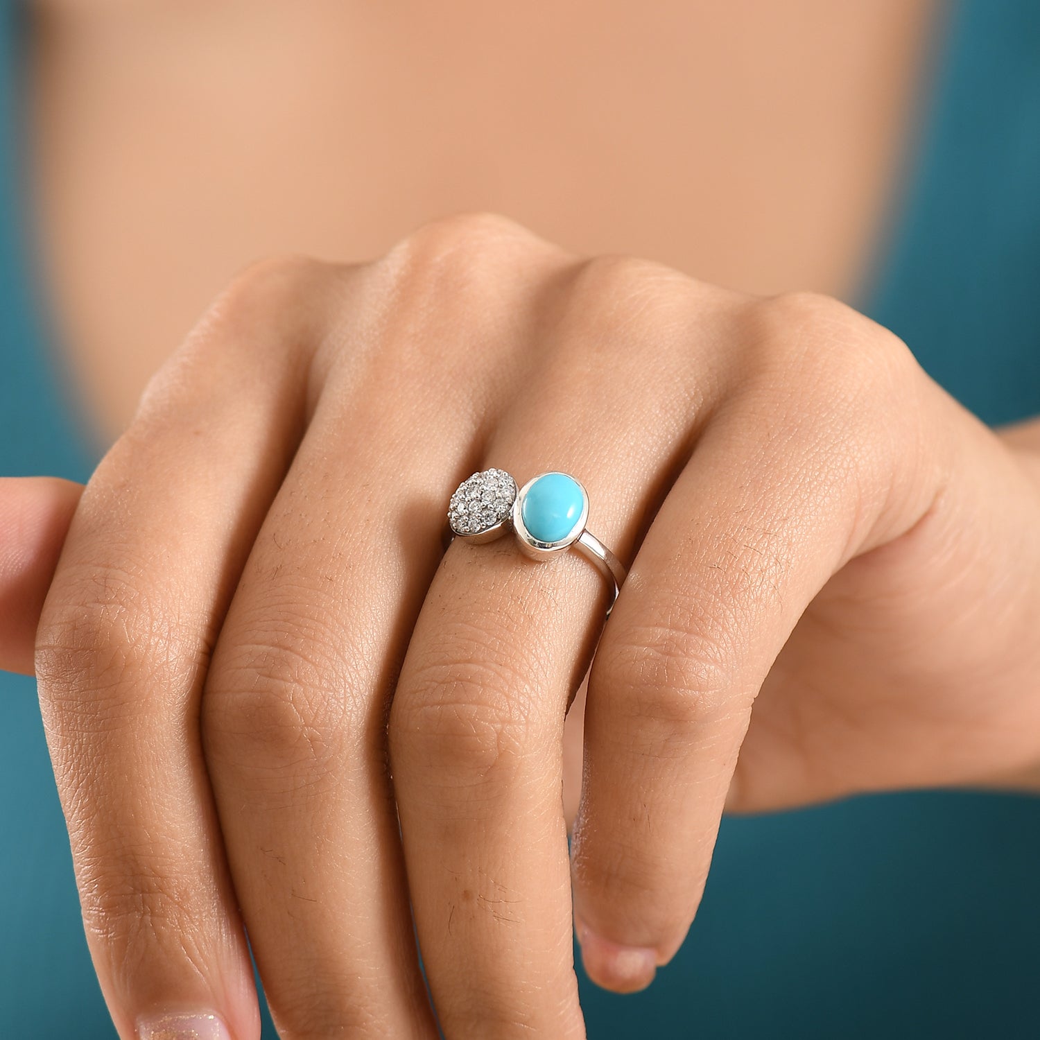 D'Joy Sleeping Beauty Turquoise and Moissanite Toi Et Moi Ring in Rhodium Overlay Sterling Silver 1.55 Ct. V32529954 2