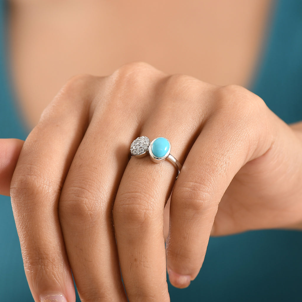 D'Joy Sleeping Beauty Turquoise & Moissanite Toi et moi Ring in Rhodium Overlay Sterling Silver 1.55 Ct._8447586_1