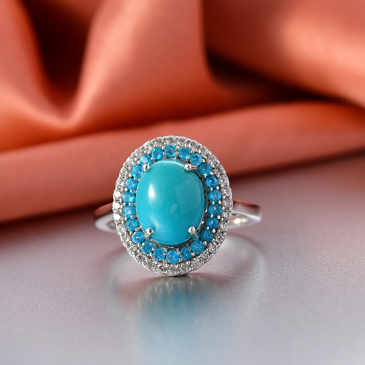 D'Joy Sleeping Beauty Turquoise, White Zircon and Neon Apatite Double Halo Ring in Rhodium Overlay Sterling Silver 3.42 Ct. V32514571 3