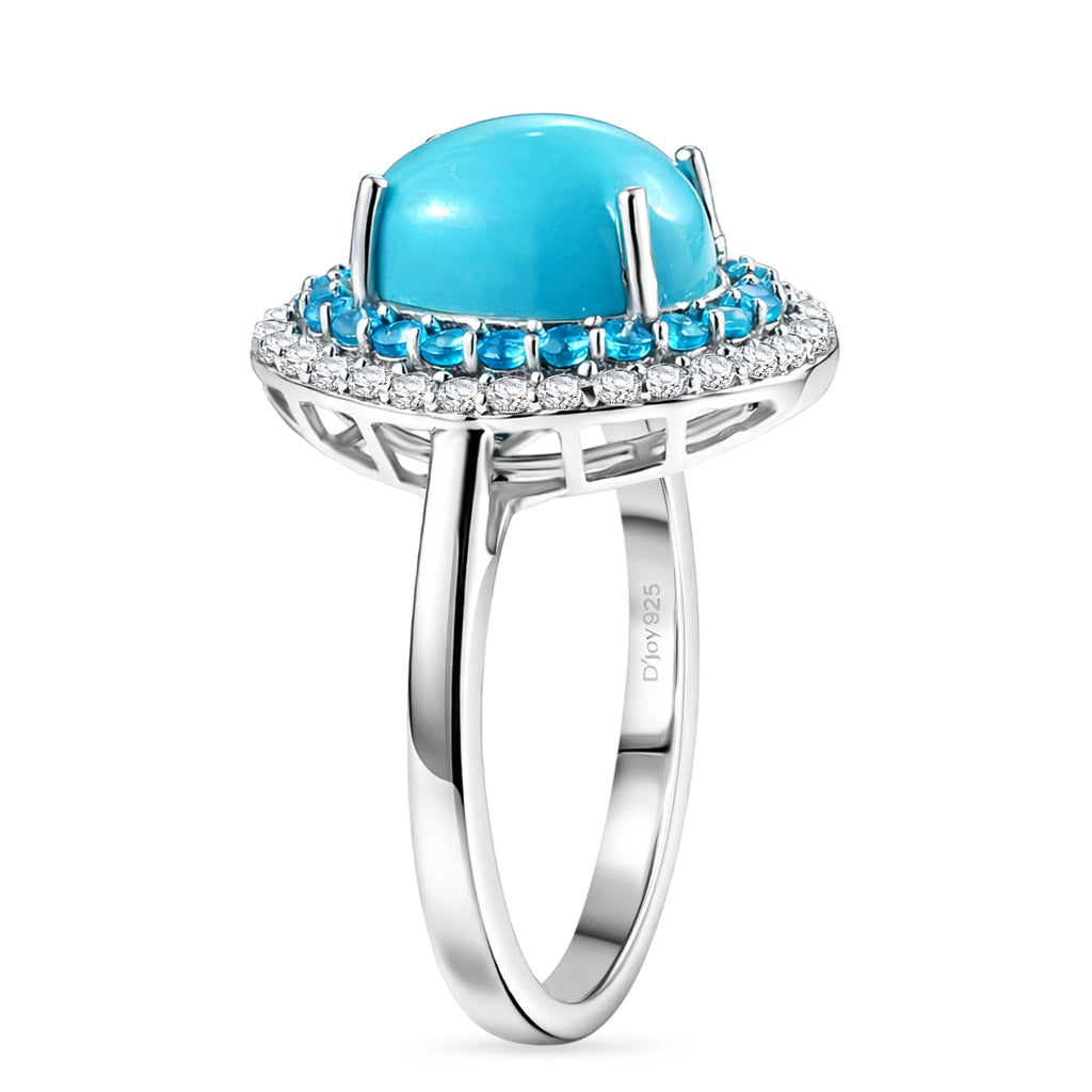 D'Joy Sleeping Beauty Turquoise, White Zircon & Neon Apatite Halo Ring in Rhodium Overlay Sterling Silver 3.42 Ct._8447615_3