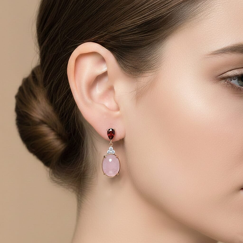 D'Joy Natural Kunzite, Red Garnet & White Zircon Dangling Earring with Push Back in Rose Gold Plated Sterling Silver 13.55 Ct._8447669_1
