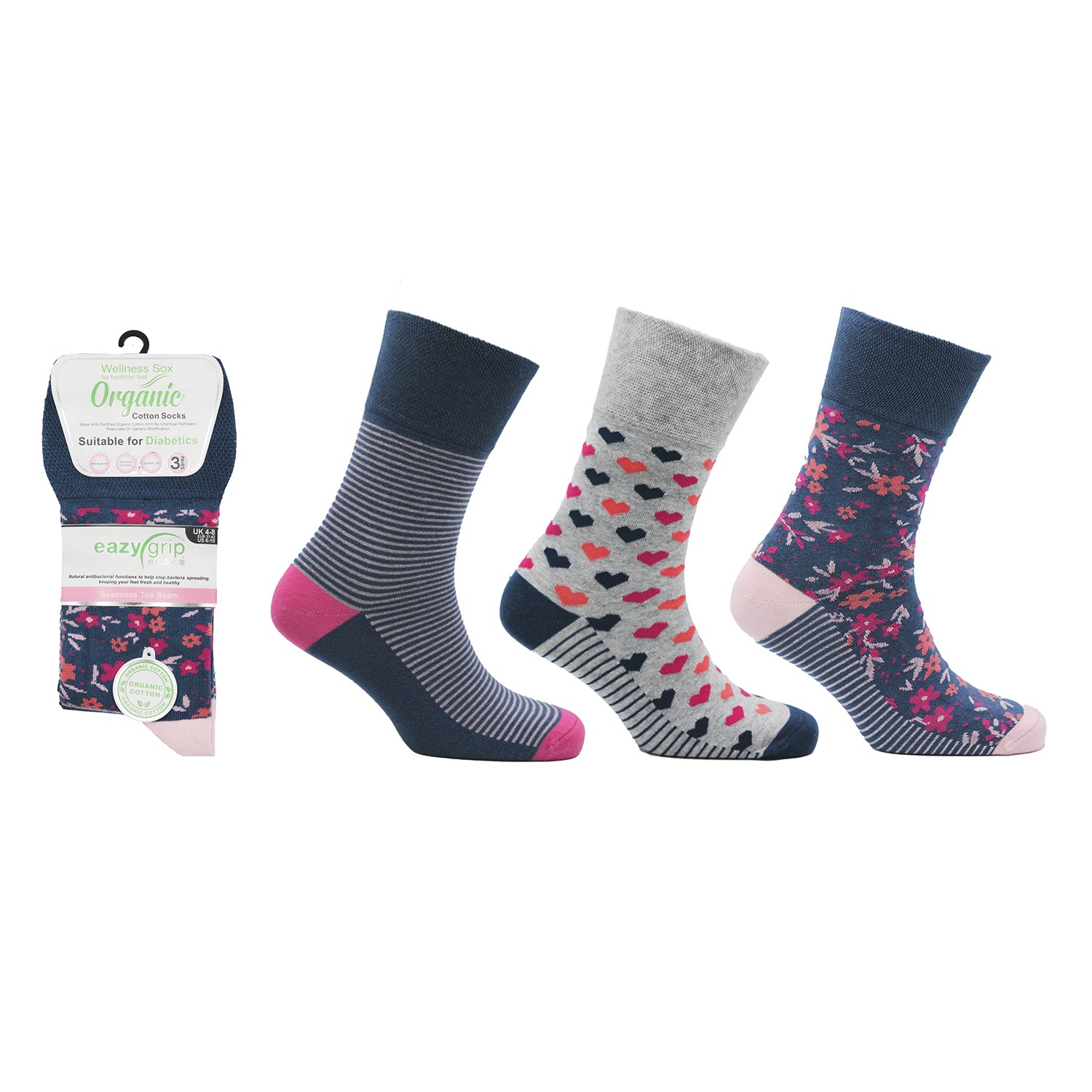 Ladies 3-Pack Non-Elastic Organic Cotton Venice Socks (Size UK 4-8) - Grey V32538680 0