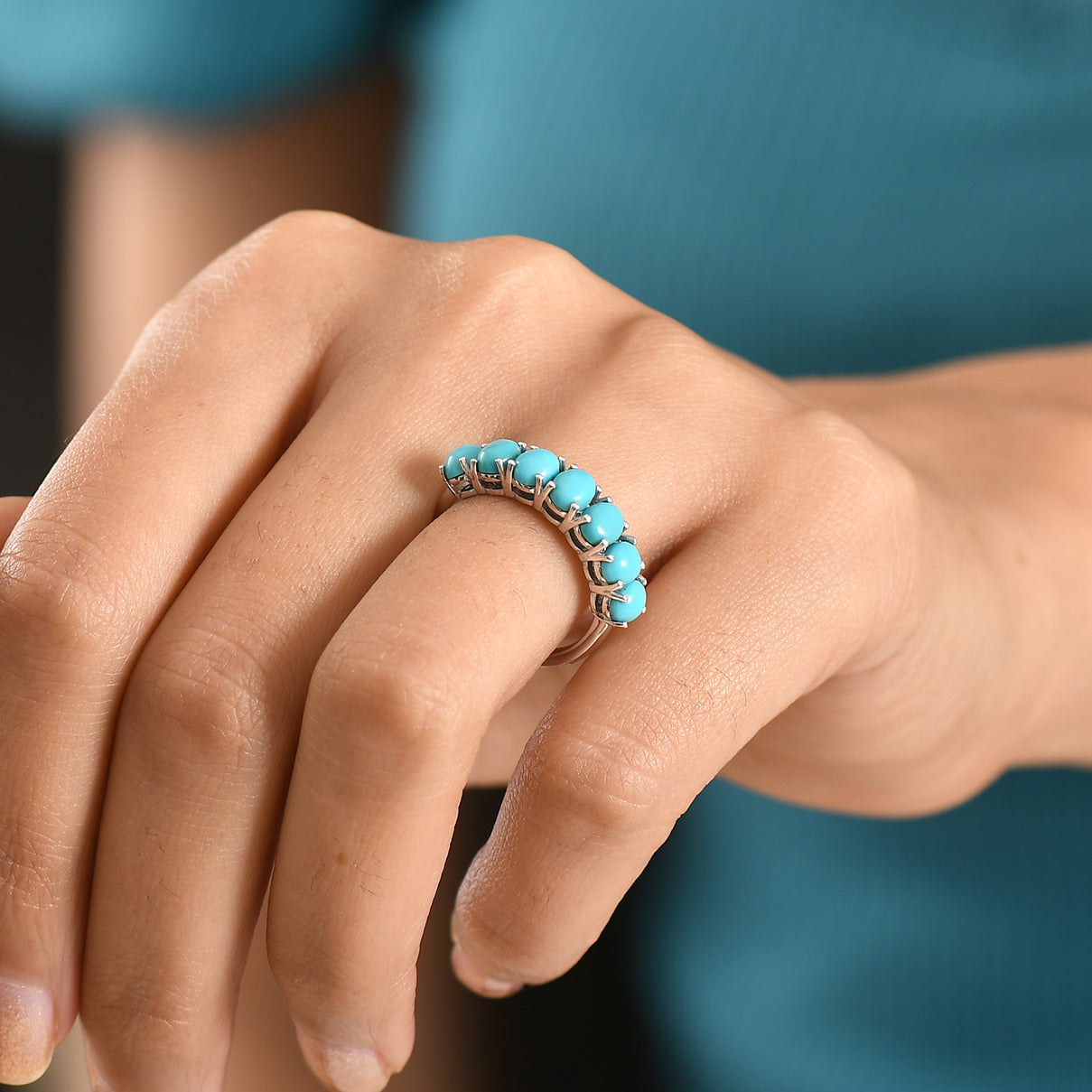 D'Joy Sleeping Beauty Turquoise 7-Stone Ring in Rhodium Overlay Sterling Silver 2.53 Ct. V32514864 2