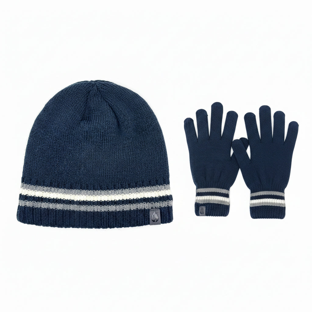 Heat Machine Thermal Striped Rim Winter Beanie Hat & Glove Set (Size 58-59cm) - Navy_8447823