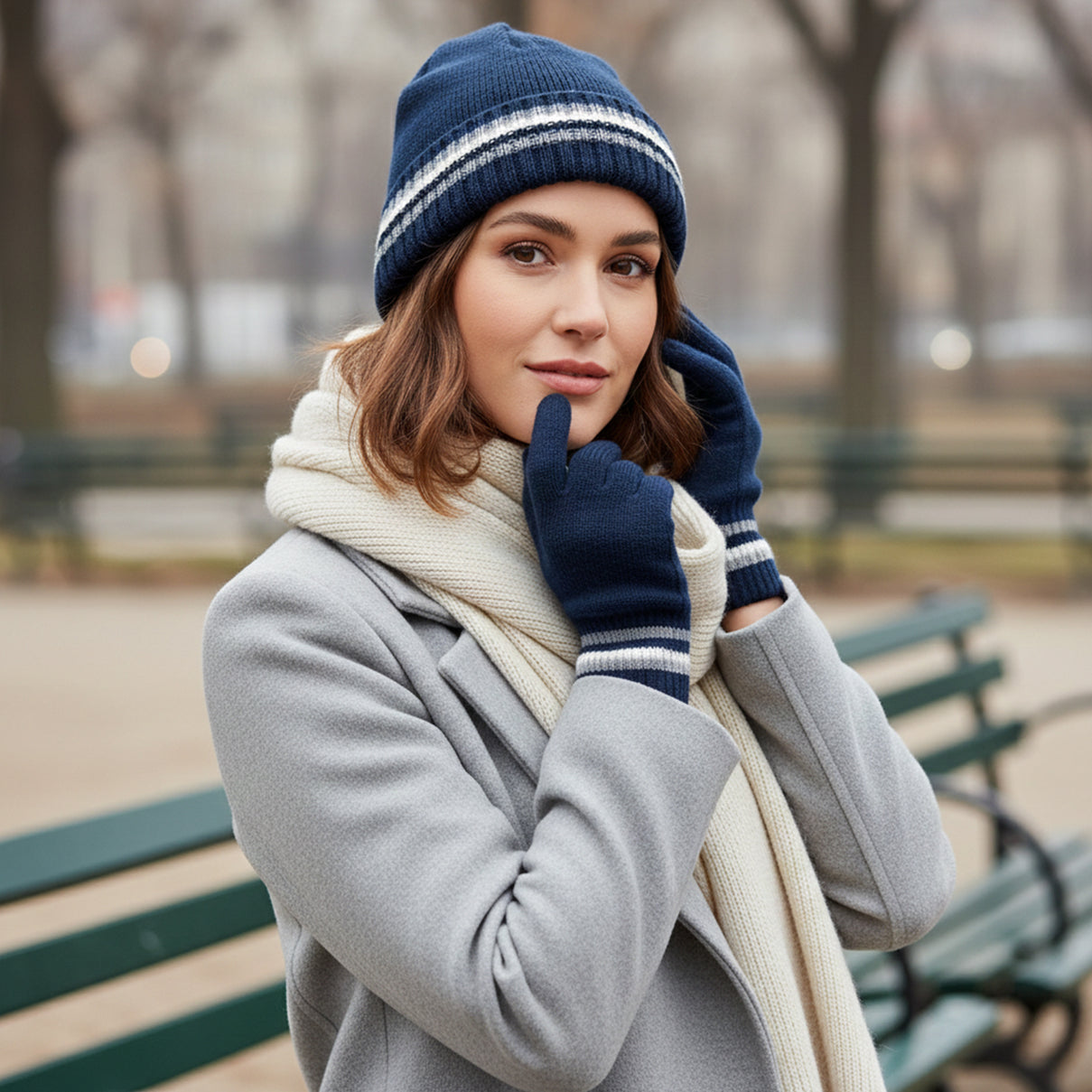 Heat Machine Thermal Striped Rim Winter Beanie Hat &amp; Glove Set (Size 58-59cm) - Navy V32519451 1