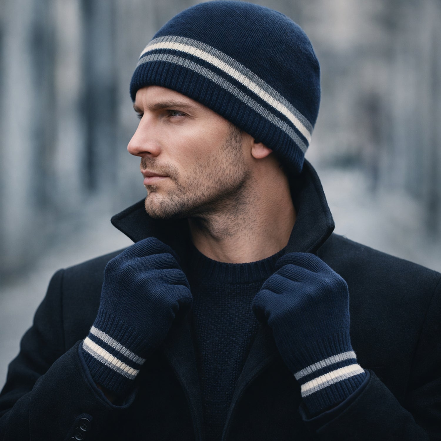 Heat Machine Thermal Striped Rim Winter Beanie Hat &amp; Glove Set (Size 58-59cm) - Navy V32519451 2