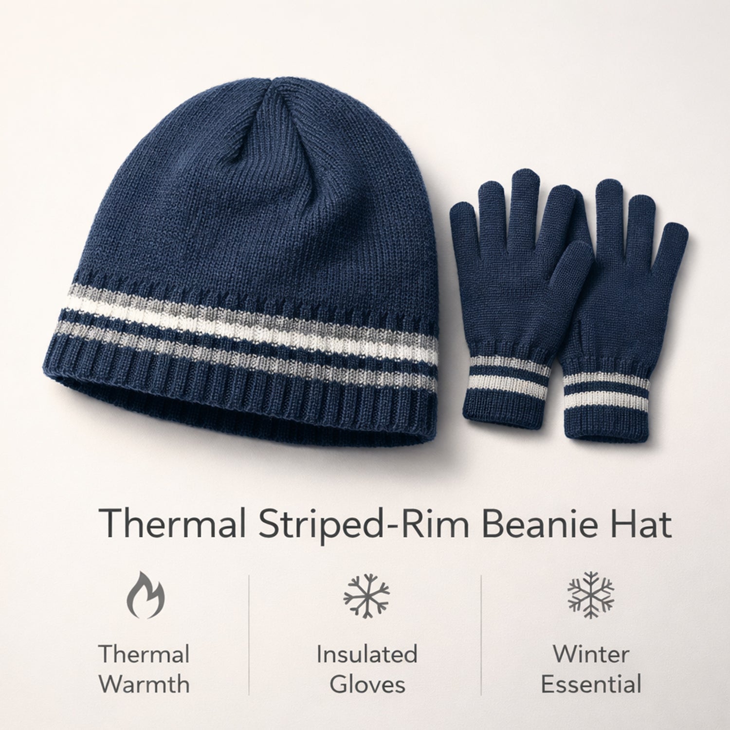 Heat Machine Thermal Striped Rim Winter Beanie Hat &amp; Glove Set (Size 58-59cm) - Navy V32519451 4