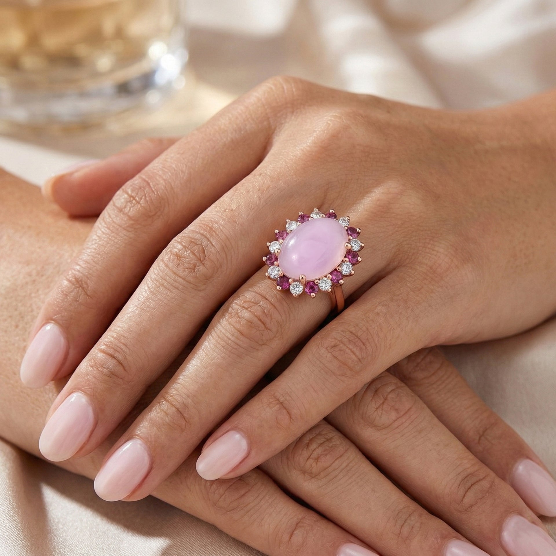D'Joy Kunzite, Rhodolite Garnet and White Zircon Halo Ring in Rose Gold Plated Sterling Silver 7.91 Ct. V32520061 2